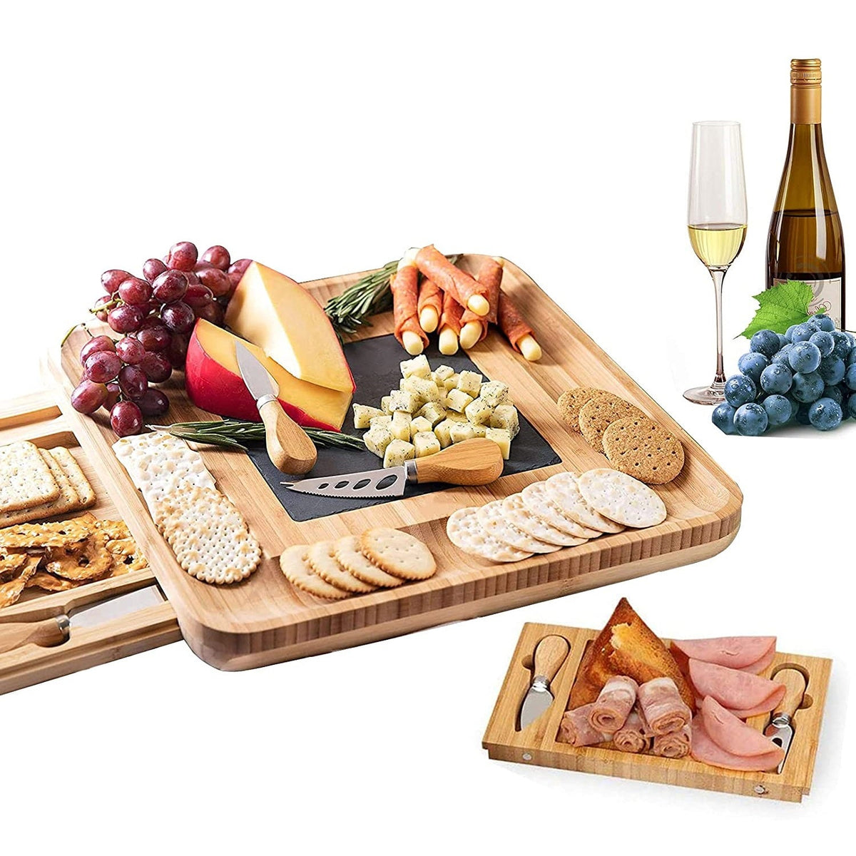 Bamboo Cheese Board with Cutlery Set including Thick Rock & Wooden Tray - Notbrand