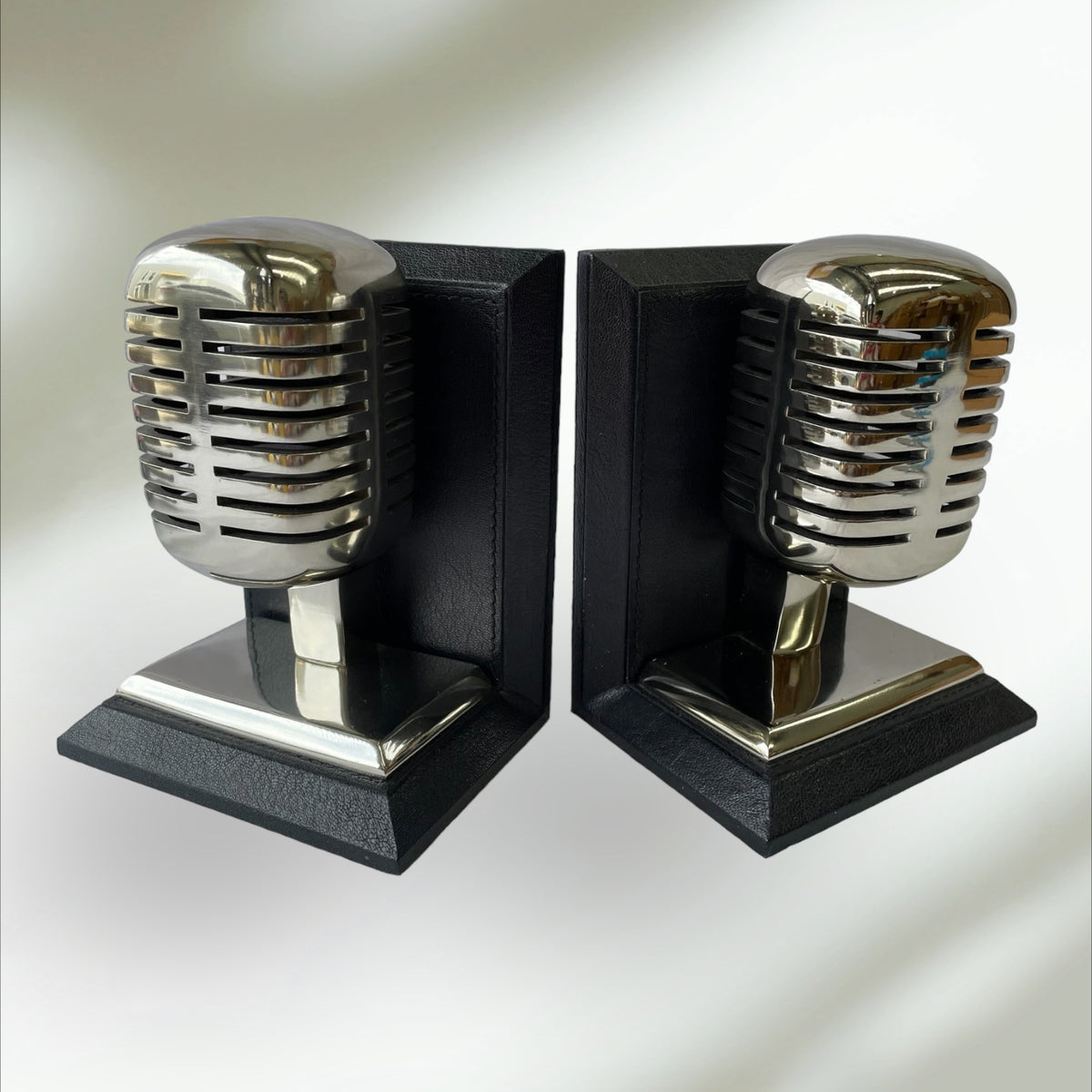 Set of 2 Microphone Bookends - Black Leather-NOTBRAND