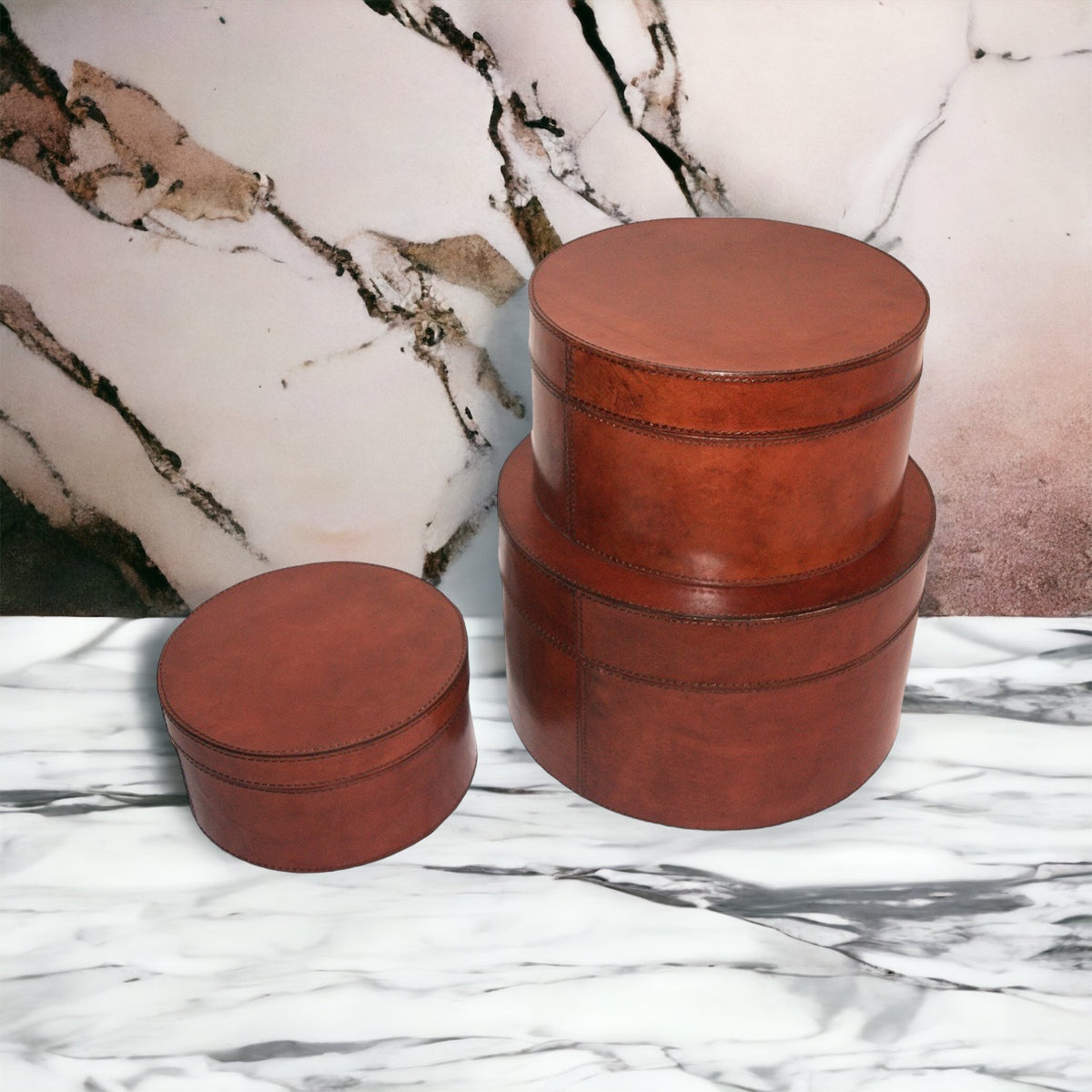 Lymseia Set of 3 Tan Leather Round Boxes - Notbrand