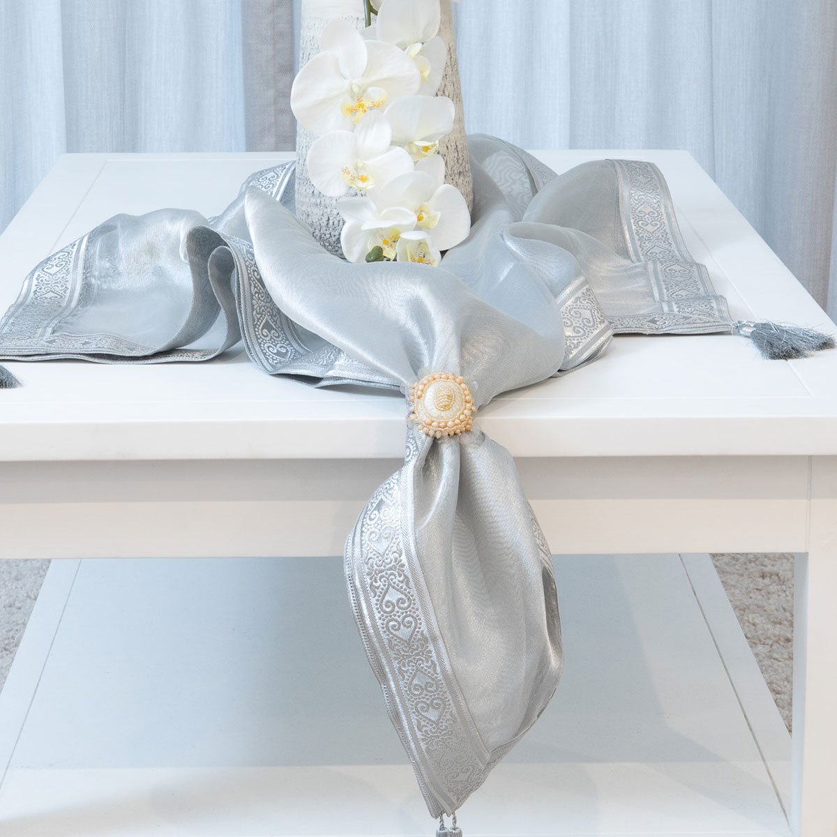 Organza Table Topper with Antique Brocade - Silver - Notbrand