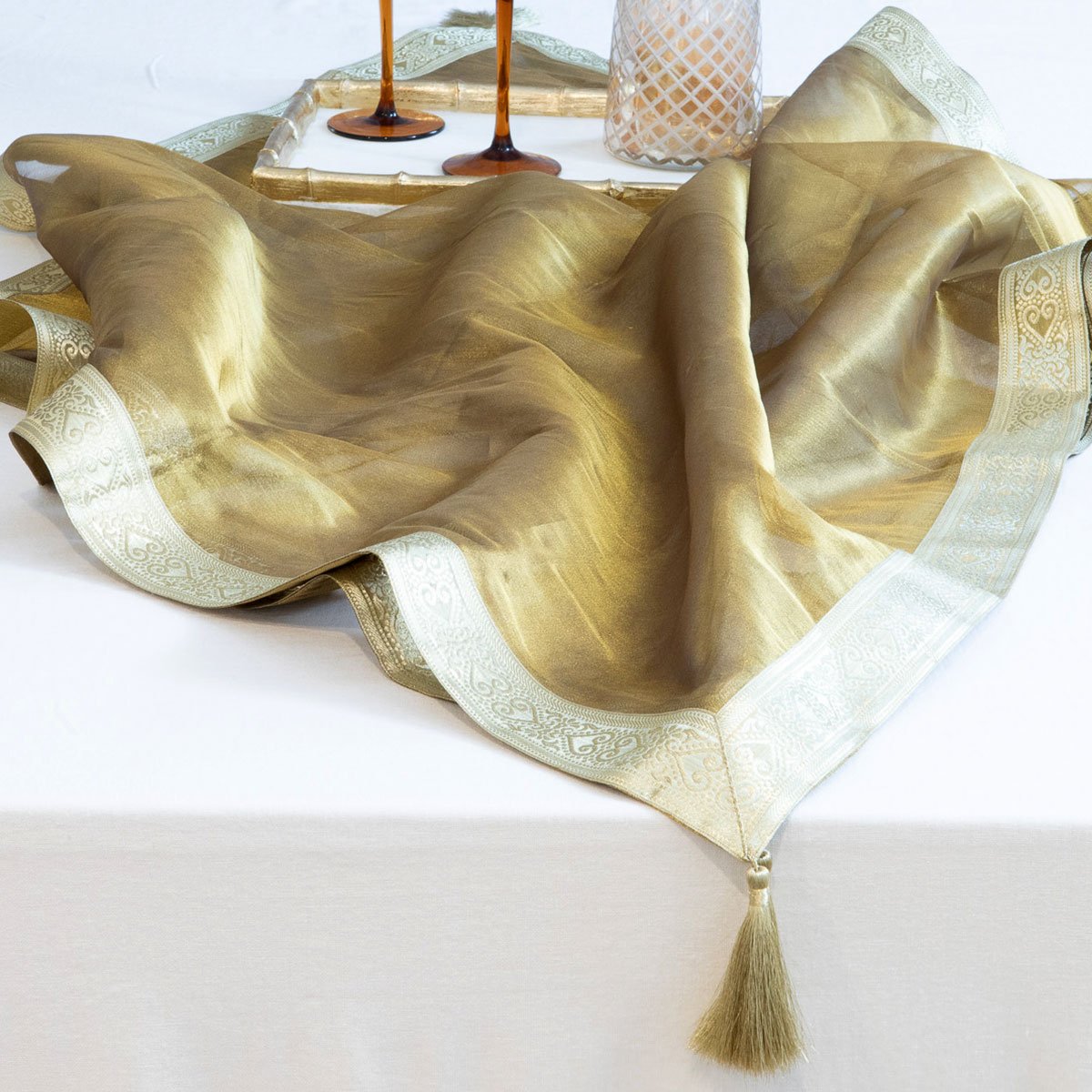 Organza Table Topper with Antique Brocade - Olive - Notbrand