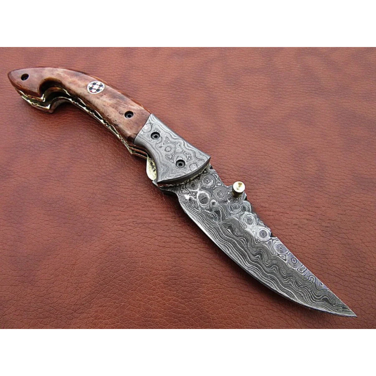 Abrus Damascus Pocket Knife with Leather Sheath - Notbrand