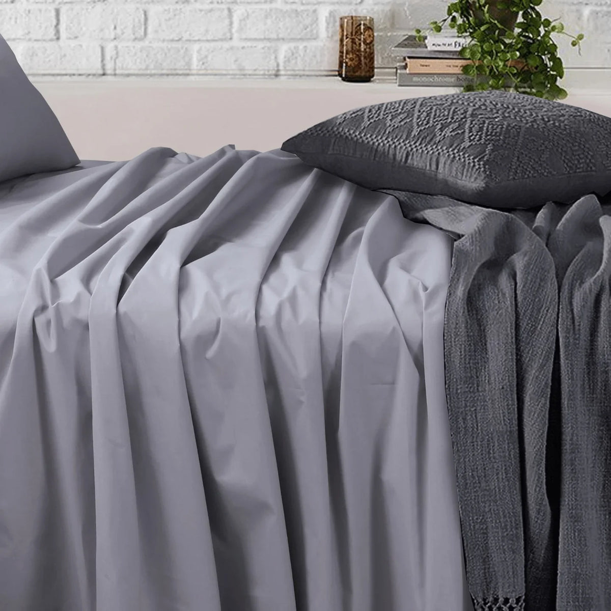 Flat and Fitted Bedsheets Set With Pillowcases - Light Grey