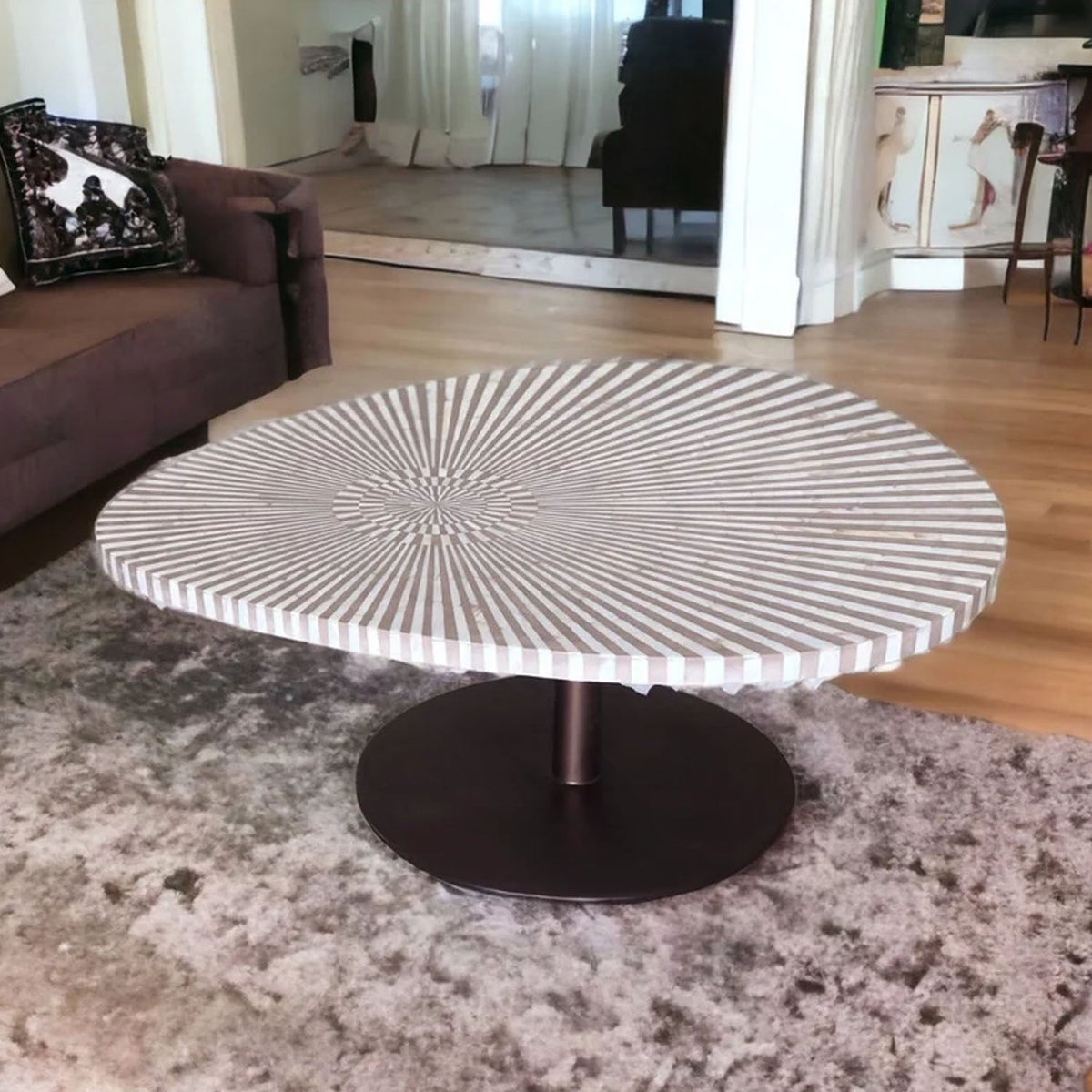 Jeena Bone Inlay Geometric Pattern Semi-Oval Coffee Table - Notbrand