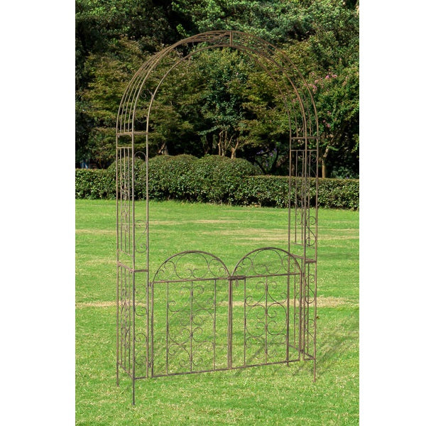 Metal Garden Arch with Gate - Rustic Brown - Notbrand