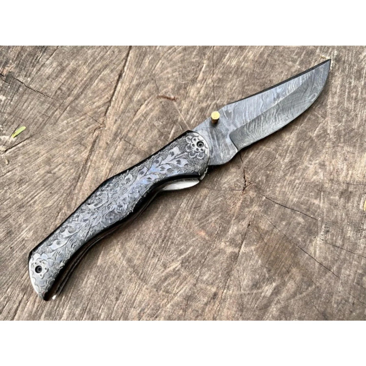 Merith Damascus Foldable Pocket Knife - Black - Notbrand