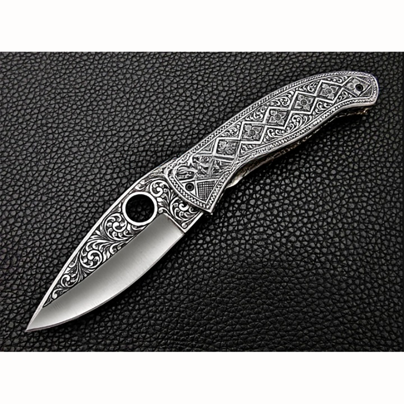 Righa Damascus Folding Knife With Engraved Handle - Notbrand