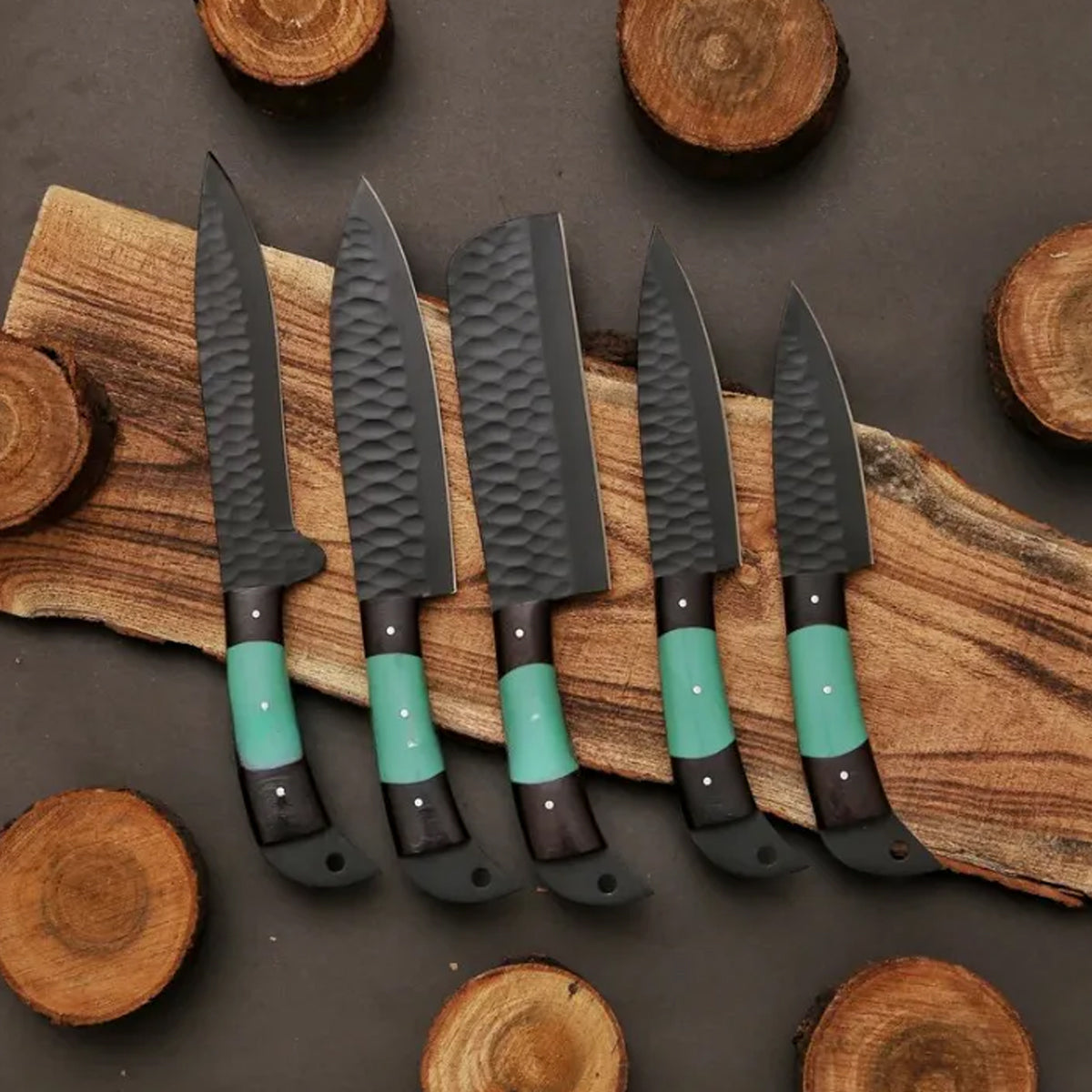 Set of 5 Freddie D2 Damascus Steel Chef's Knives - Green Razon Handle - Notbrand