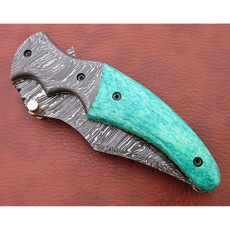 Trexal Damascus Steel Foldable Pocket Knife Green - Notbrand