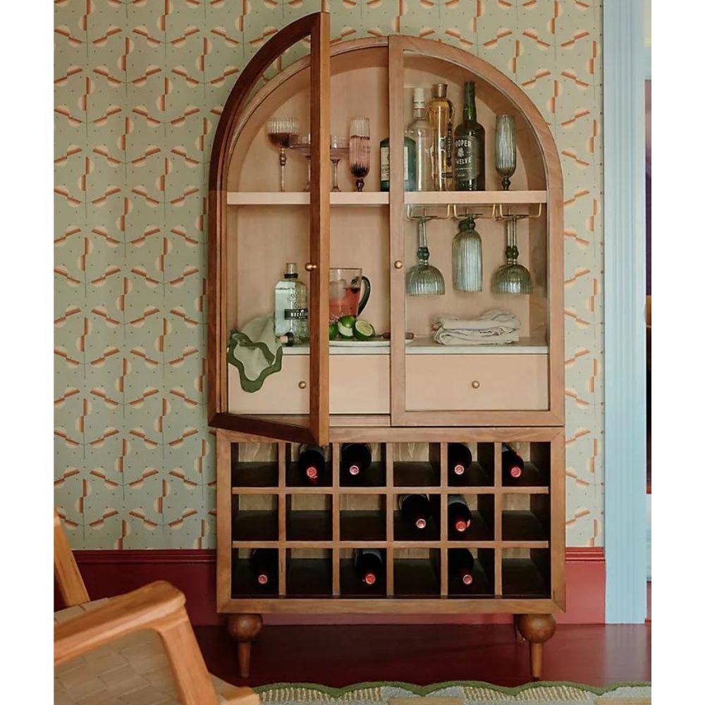 Simano Fern Glass Door Bar Cabinet - Pine