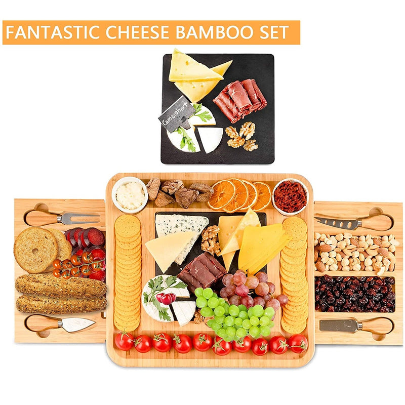 Bamboo Cheese Board with Cutlery Set including Thick Rock & Wooden Tray - Notbrand
