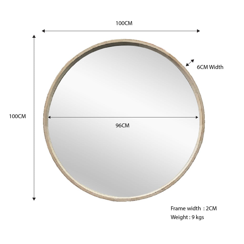 Natural Wood Finish Round Mirror - 100cm - Notbrand
