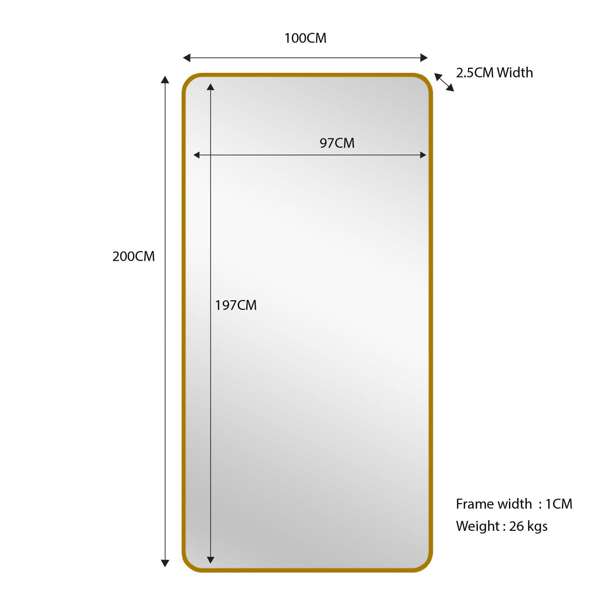 Rectangular Metal Framed Floor Mirror in Gold  - Extra Large - Notbrand
