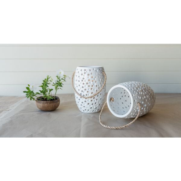 Set of 2 Terracotta Clay Tall Lantern - White Gloss - Notbrand
