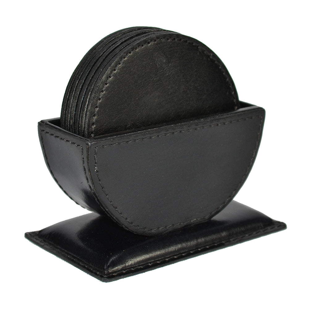 Pindious Black Leather Round Coaster & Holder Set - 7 Pieces - Notbrand