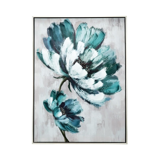 Floral Embellished & Handpainted Wall Art Canvas - Blue & White - Notbrand
