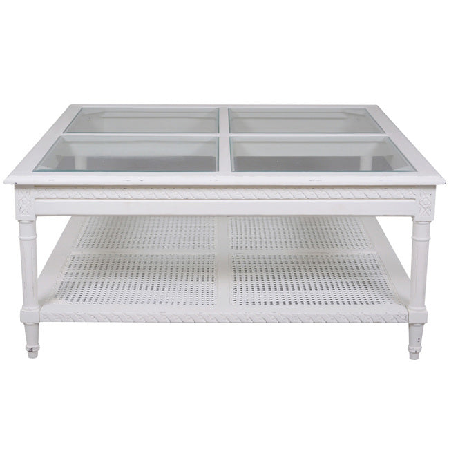 Polo Glass Top Wooden Square Coffee Table - White - Notbrand