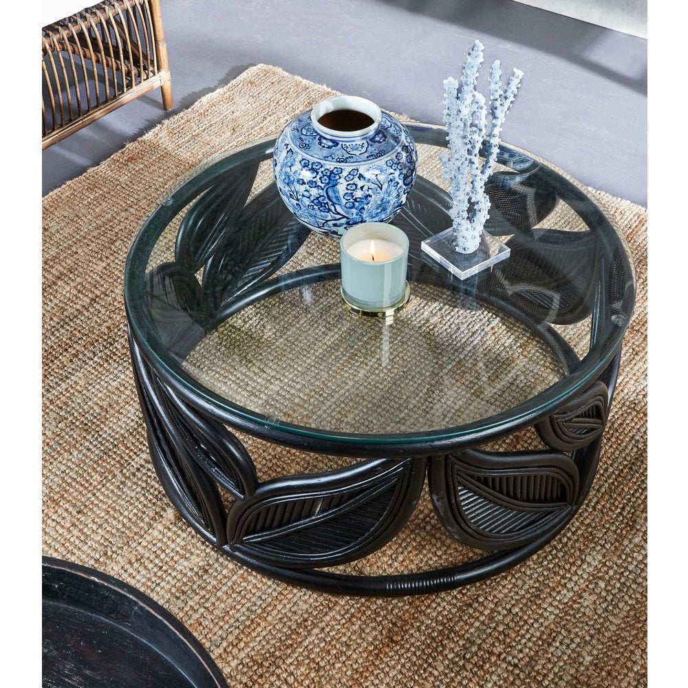 Seville Rattan Leaf Coffee Table with Glass Top - Black - Notbrand