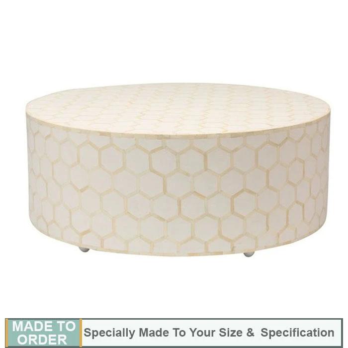 Ava Honey Comb Design Bone Inlay Round Coffee Table White - Notbrand