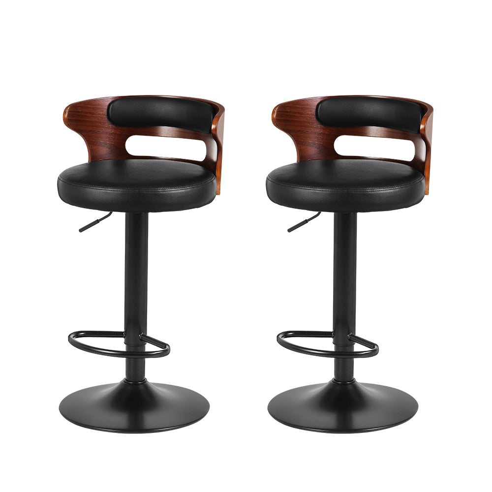 Artiss Wooden Gas Lifted Bar Stools in Black Leather - Set of 2