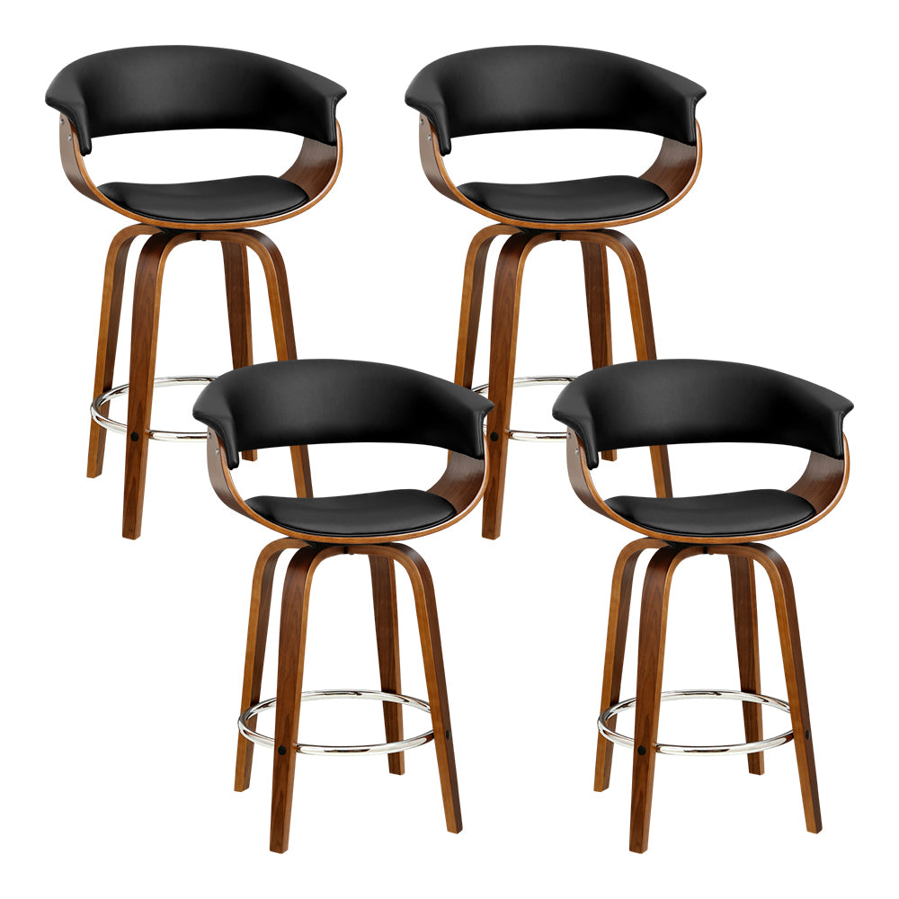 Artiss Swivel PU Leather Bar Stool in Wood and Black - Set of 4