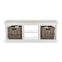 Halifax Mahogany Timber Bench with 2 Rattan Baskets - Classic White - Notbrand