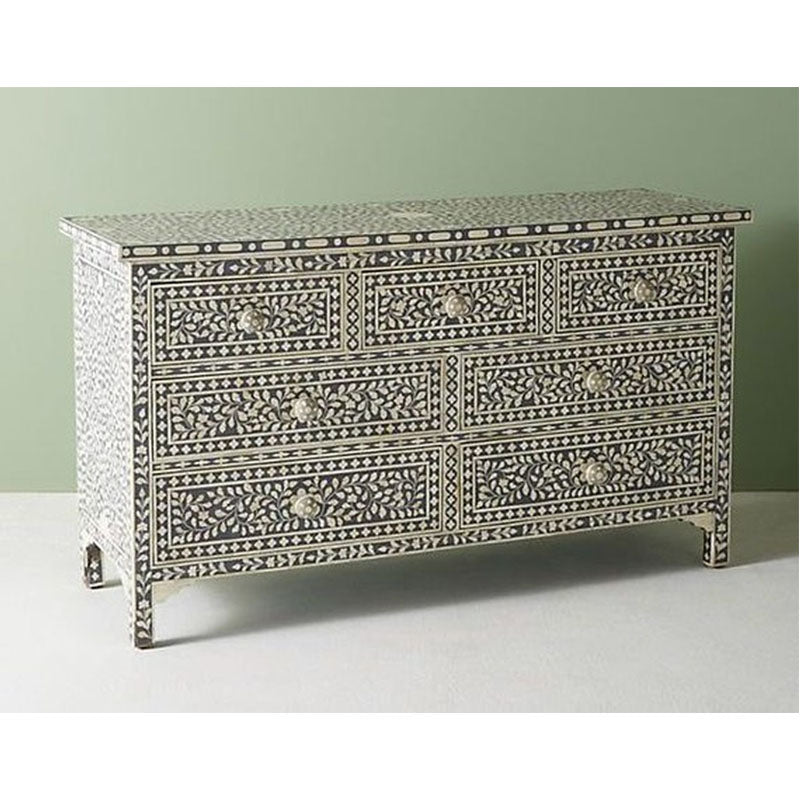 Rachit Bone Inlay Chest Of 7 Drawers in Floral Design Pale Gray - Notbrand