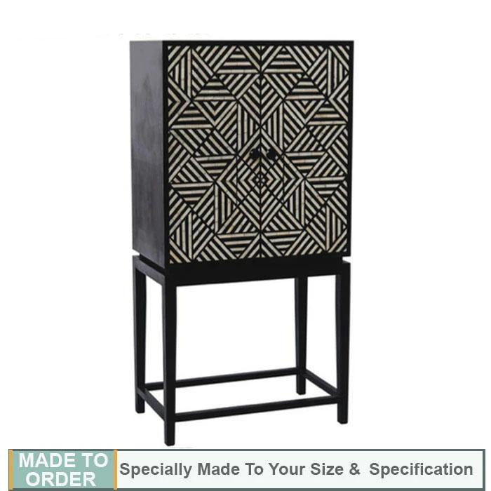 Carlos Bone Inlay Geometric Design Bar Cabinet in Black - Notbrand