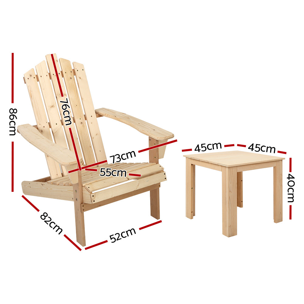 Vitalian Outdoor Wooden Adirondack Beach Chairs & Side Table Set - Natural - Notbrand