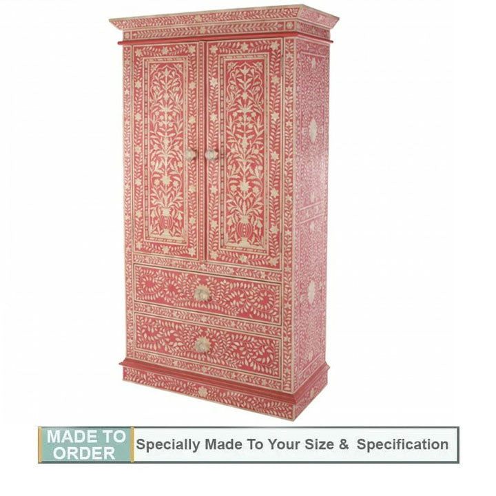 Kiara Floral Design Bone Inlay Almirah Cabinet Wardrobe in Pink - Notbrand