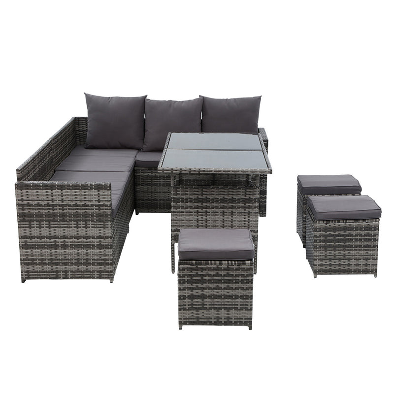 Gardeon Outdoor Furniture Dining Setting Sofa Set Lounge Wicker 9 Seater Mixed Grey - Notbrand