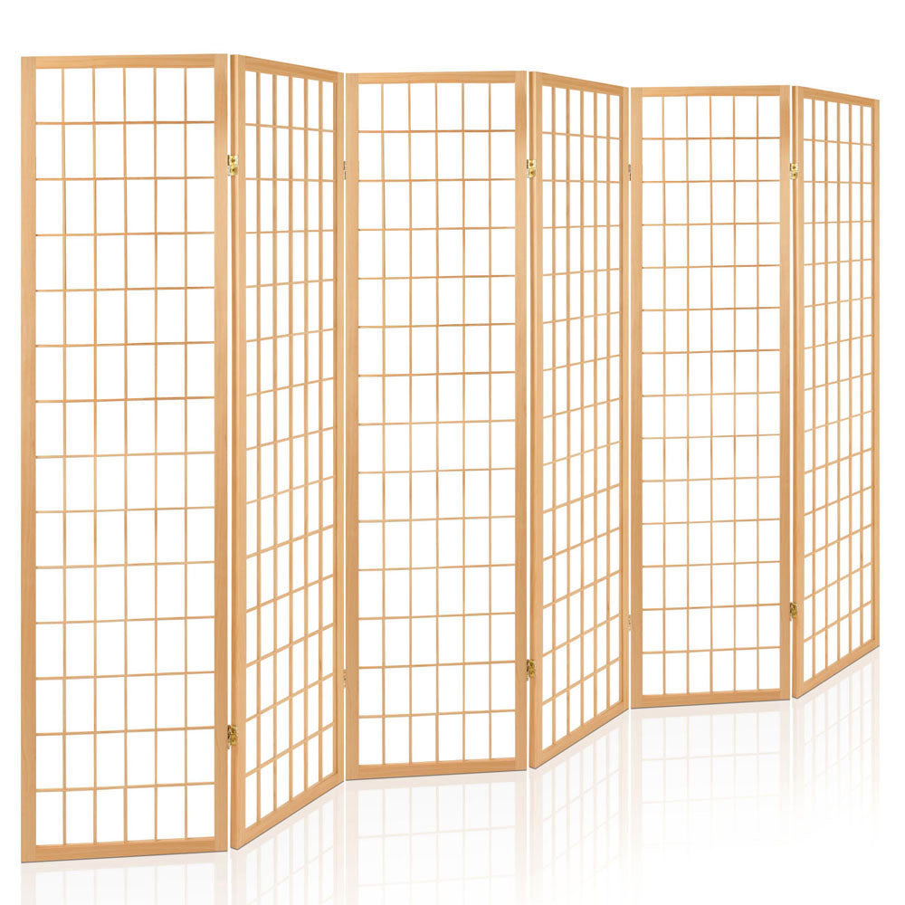 Renata 6 Panel Room Divider Privacy Screen Foldable Pine Wood Stand Natural