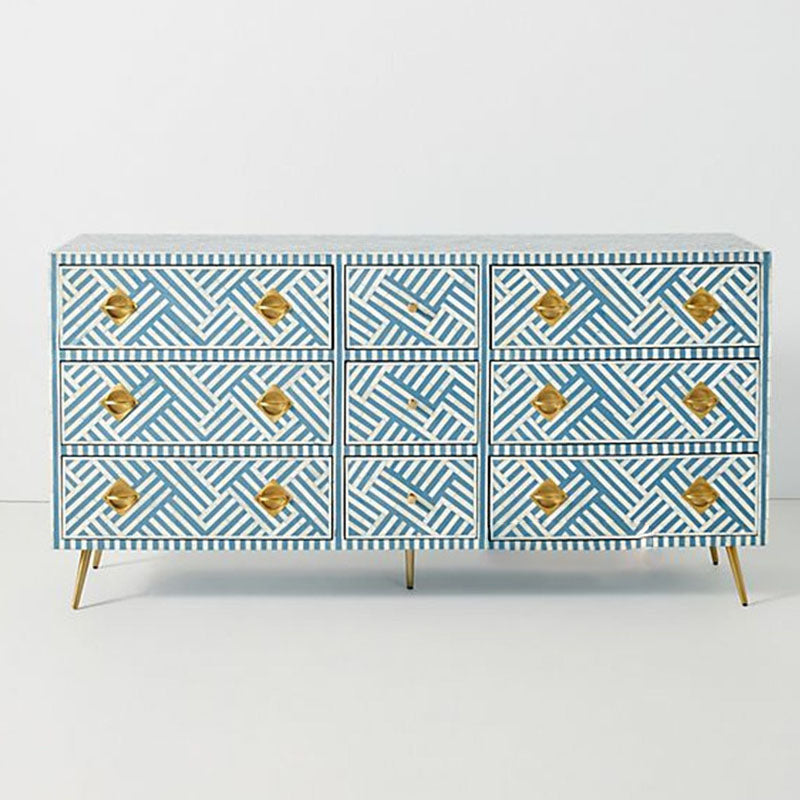 Striped Design Bone Inlay Chest of 9 Drawers in Blue - Notbrand