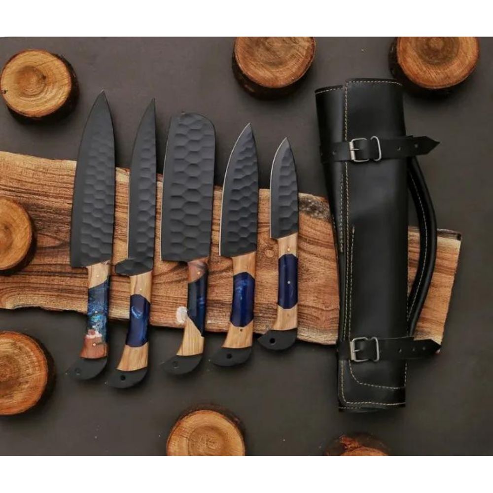 Set of 5 Freddie D2 Damascus Steel Chef's Knives - Blue Razon Handle - Notbrand