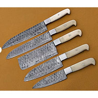 Set of 5 Warner Damascus Chef Knives - White Handle - Notbrand