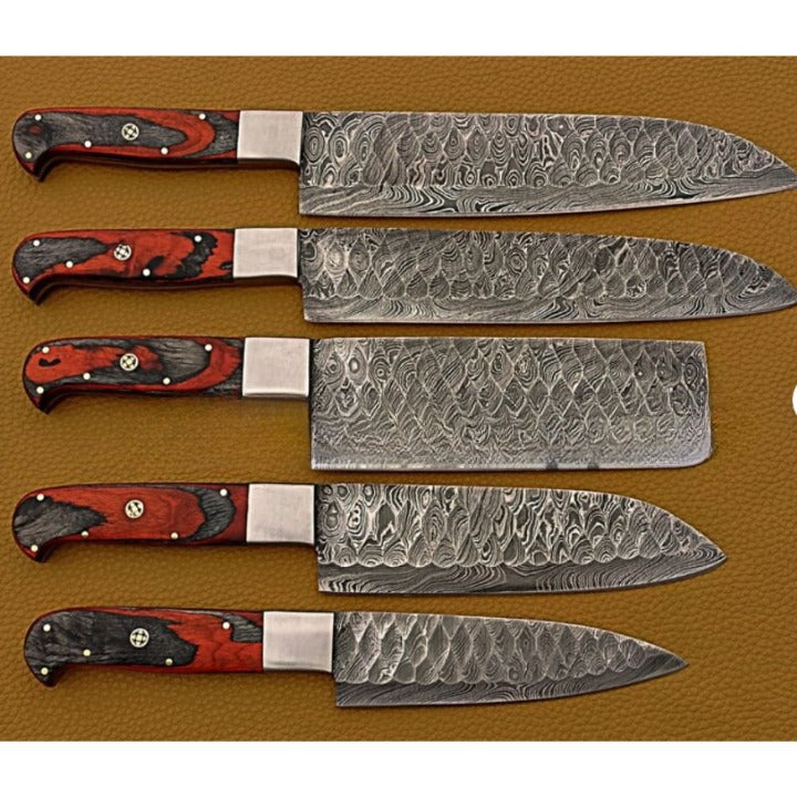 Set of 5 Warner Damascus Chef Knives - Red Handle - Notbrand