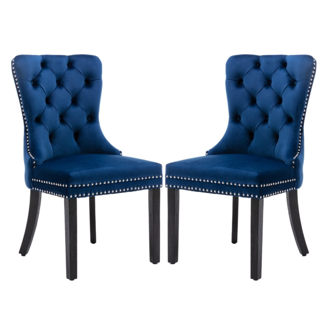 Calico Upholstered Tufted Velvet Dining Chairs 2 Pieces with Solid Wood Legs - Blue - Notbrand