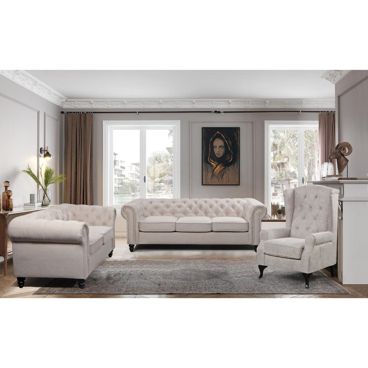 Kiho Chesterfield Fabric Upholstered 3 Seater Sofa  - Beige - Notbrand