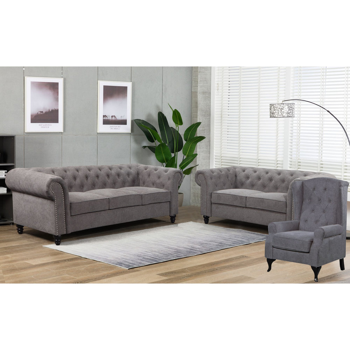 Kiho Chesterfield Fabric Upholstered 3 Seater Sofa  - Grey - Notbrand