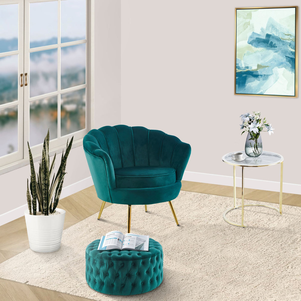 Arona Velvet Fabric Accent Sofa Love Chair Round Ottoman Set - Green - Notbrand