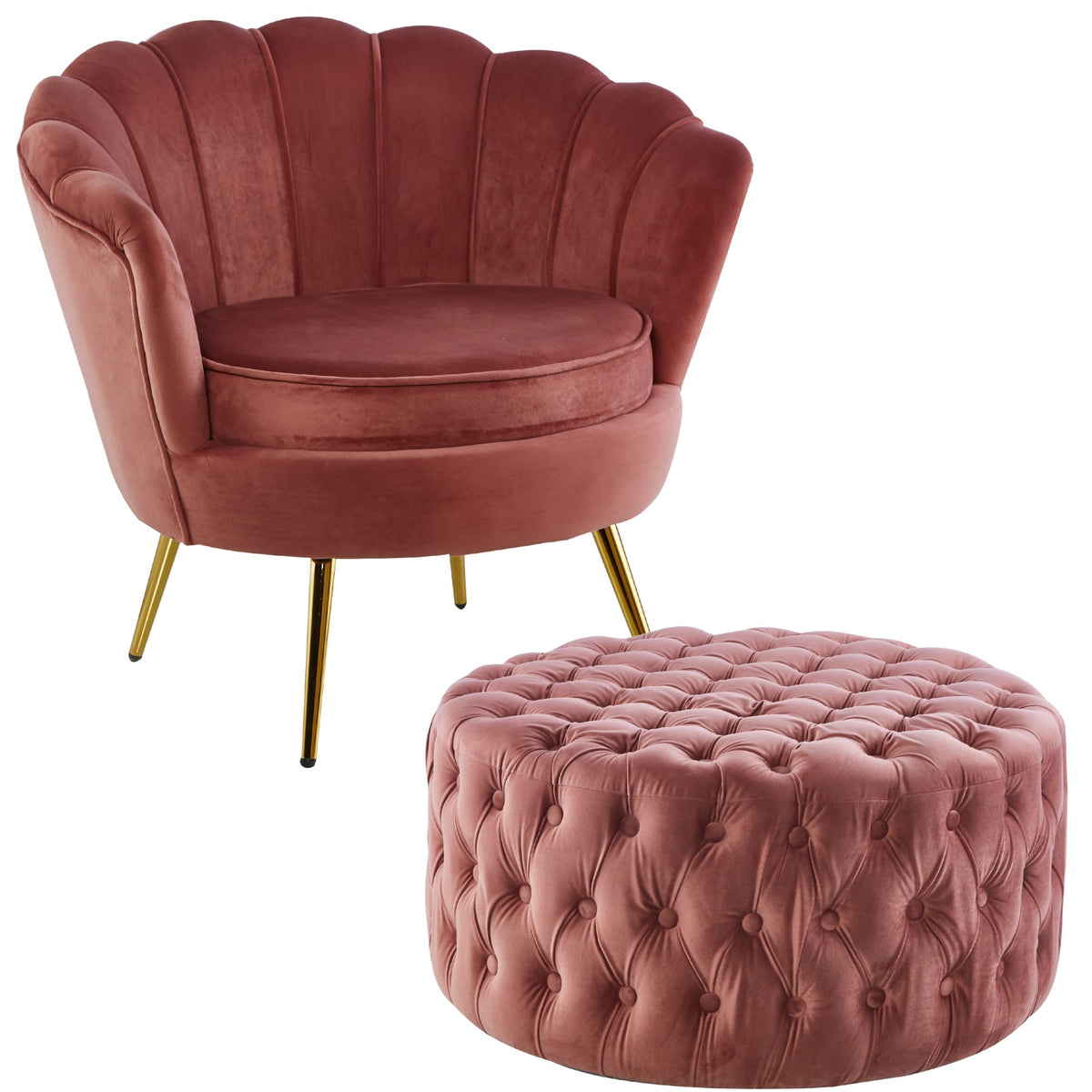Arona Velvet Fabric Accent Sofa Love Chair with Round Ottoman - Rose Pink - Notbrand