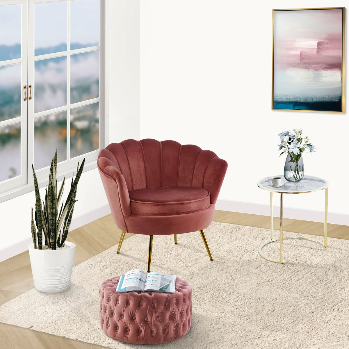 Arona Velvet Fabric Accent Sofa Love Chair with Round Ottoman - Rose Pink - Notbrand