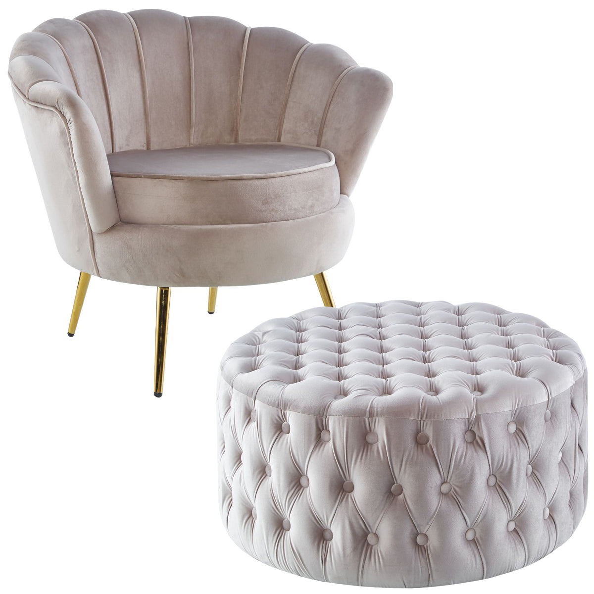Arona Velvet Fabric Accent Sofa Love Chair Round Ottoman Set - Beige - Notbrand