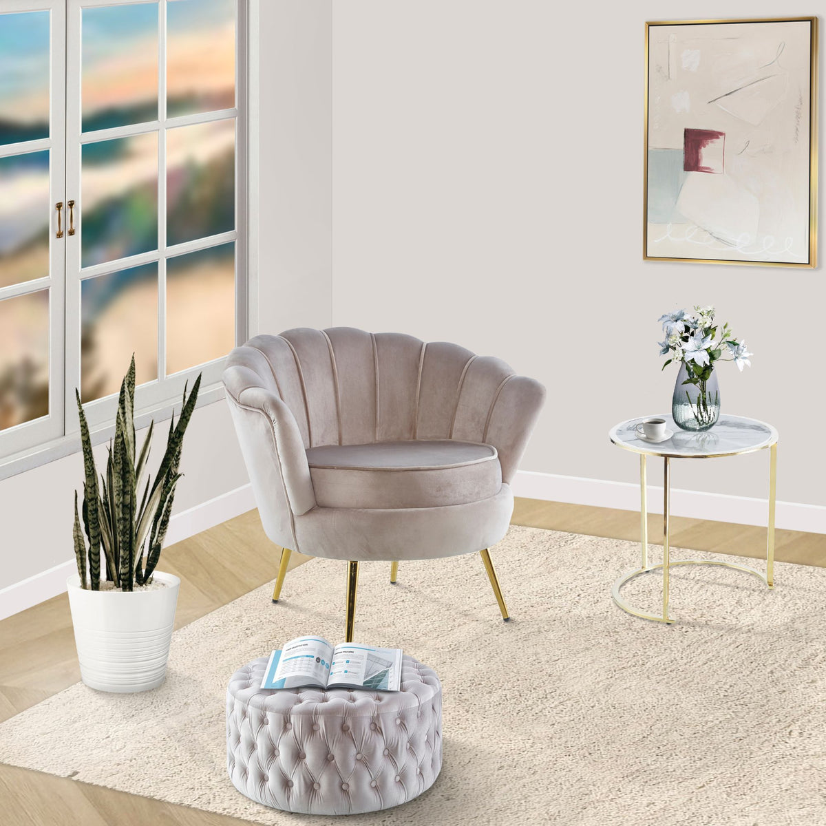 Arona Velvet Fabric Accent Sofa Love Chair Round Ottoman Set - Beige - Notbrand