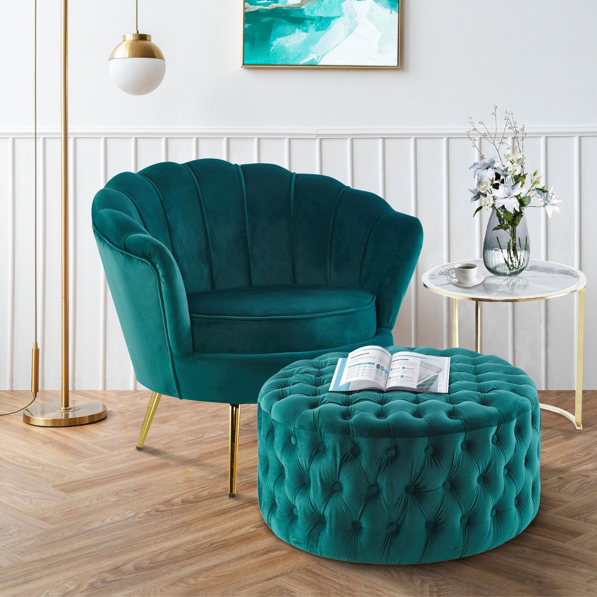 Uzona Tufted Velvet Fabric Round Ottoman Footstools - Green - Notbrand