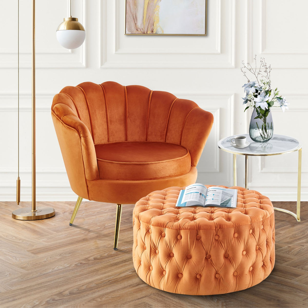 Uzona Tufted Velvet Fabric Round Ottoman Footstools - Cinnamon - Notbrand