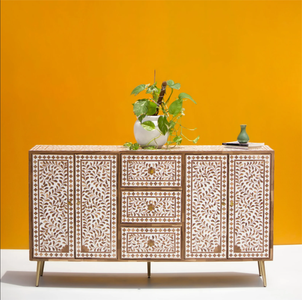 Zaman Teak Wood Inlay Floral Pattern Sideboard - White and Natural - Notbrand
