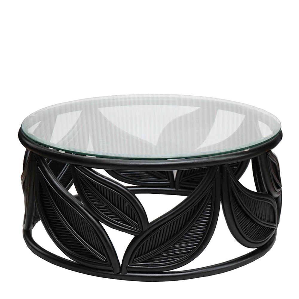 Seville Rattan Leaf Coffee Table with Glass Top - Black - Notbrand