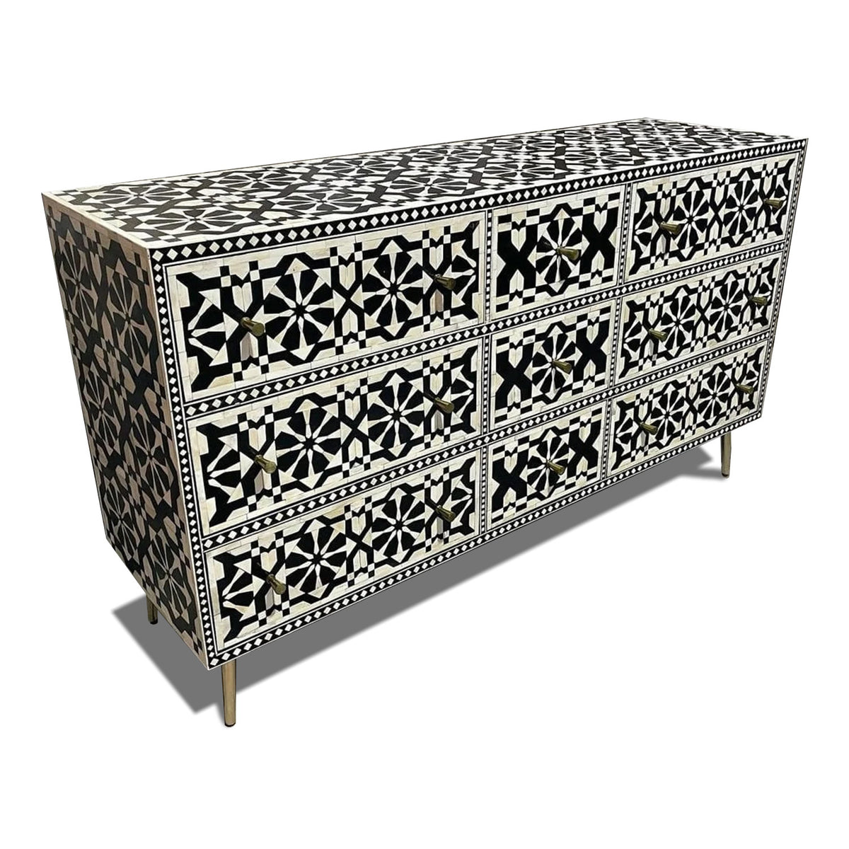 Moroccan Bone Inlay Chest of 9 Drawers Sideboard - Black - Notbrand