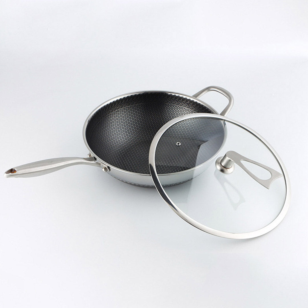 34CM STAINLESS STEEL FRYING PAN WITH GLASS LID AND HELPER HANDLE - Notbrand